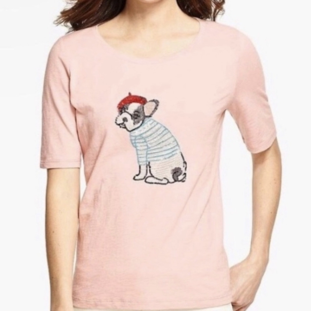 Talbots Petite Cotton Pastel Peach Tee with Sequined Frenchy Dog Graphic